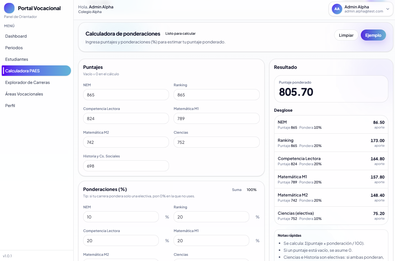 Calculadora PAES con favoritos